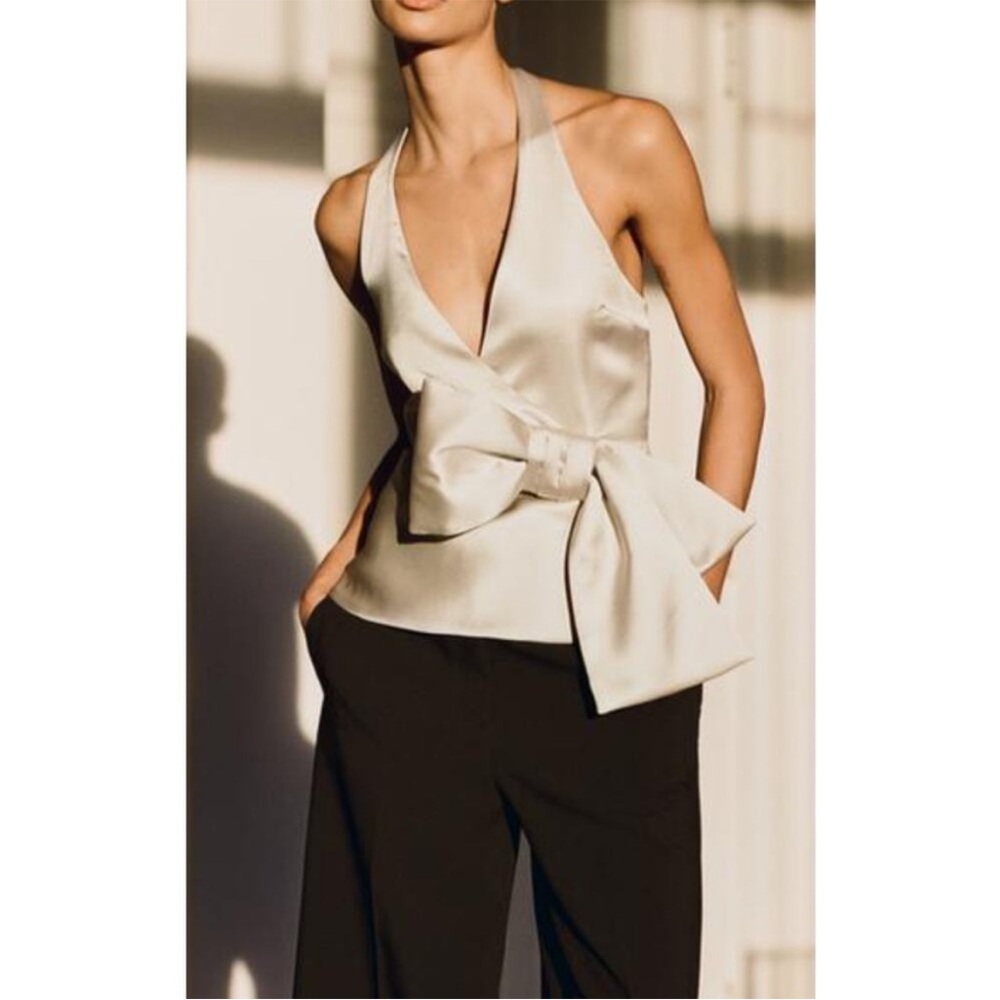 New Zara Soft Gold Satin Effect Tie Halter Neck Top